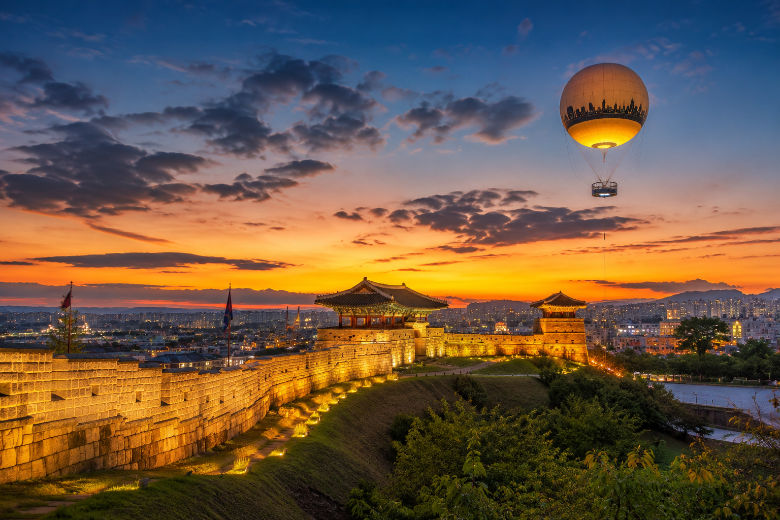 Suwon Hwaseong Fortress walls and the Flying Suwon hot air balloon at sunset, the perfect day trip from Seoul.