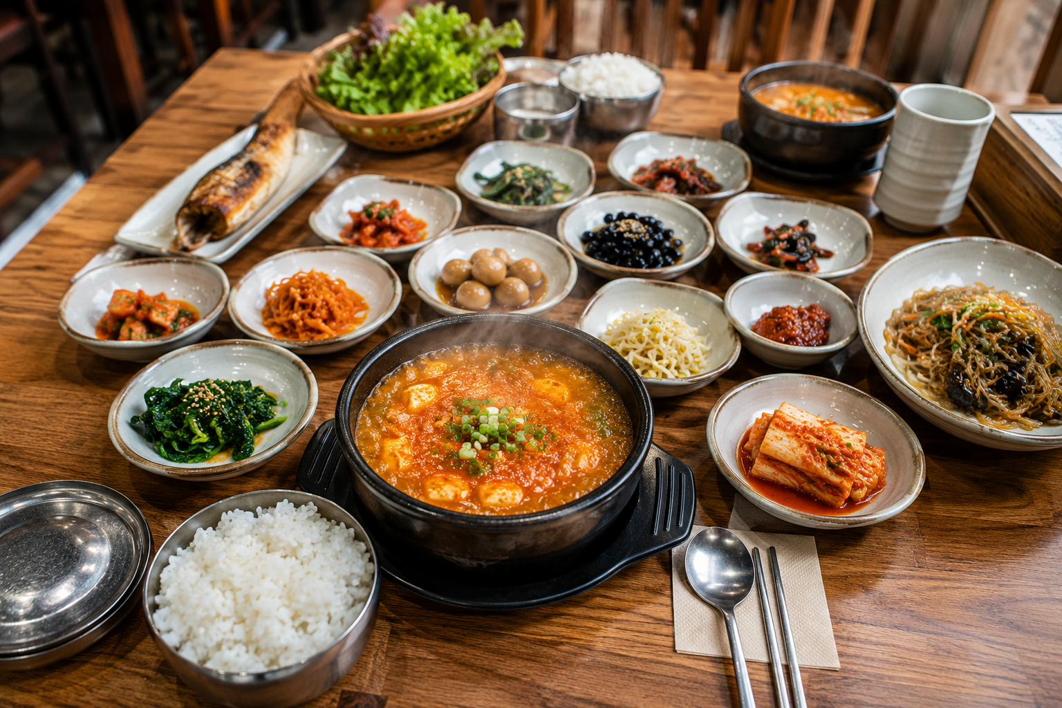 A traditional Korean meal spread with various free side dishes (Banchan) on a wooden table