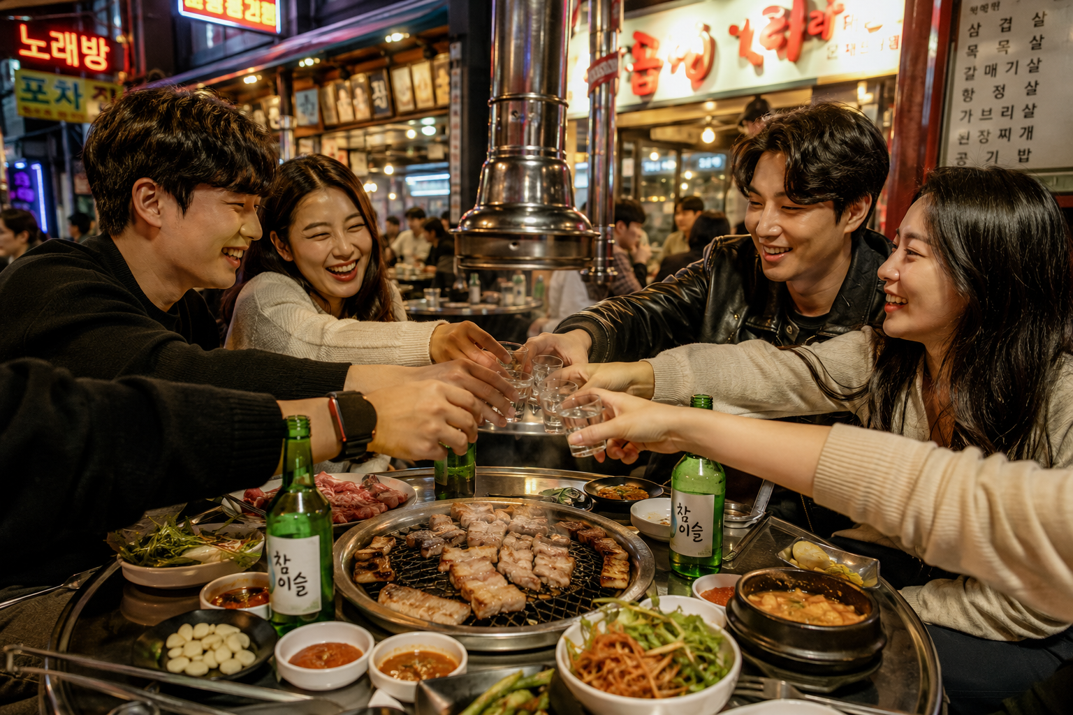 People clinking glasses of Soju at a Korean BBQ restaurant, representing Korean drinking culture.