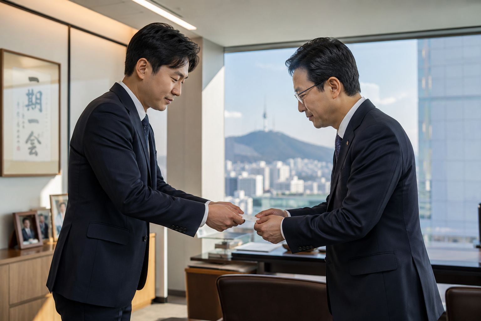 Business professionals exchanging business cards with two hands, representing Korean business etiquette.
