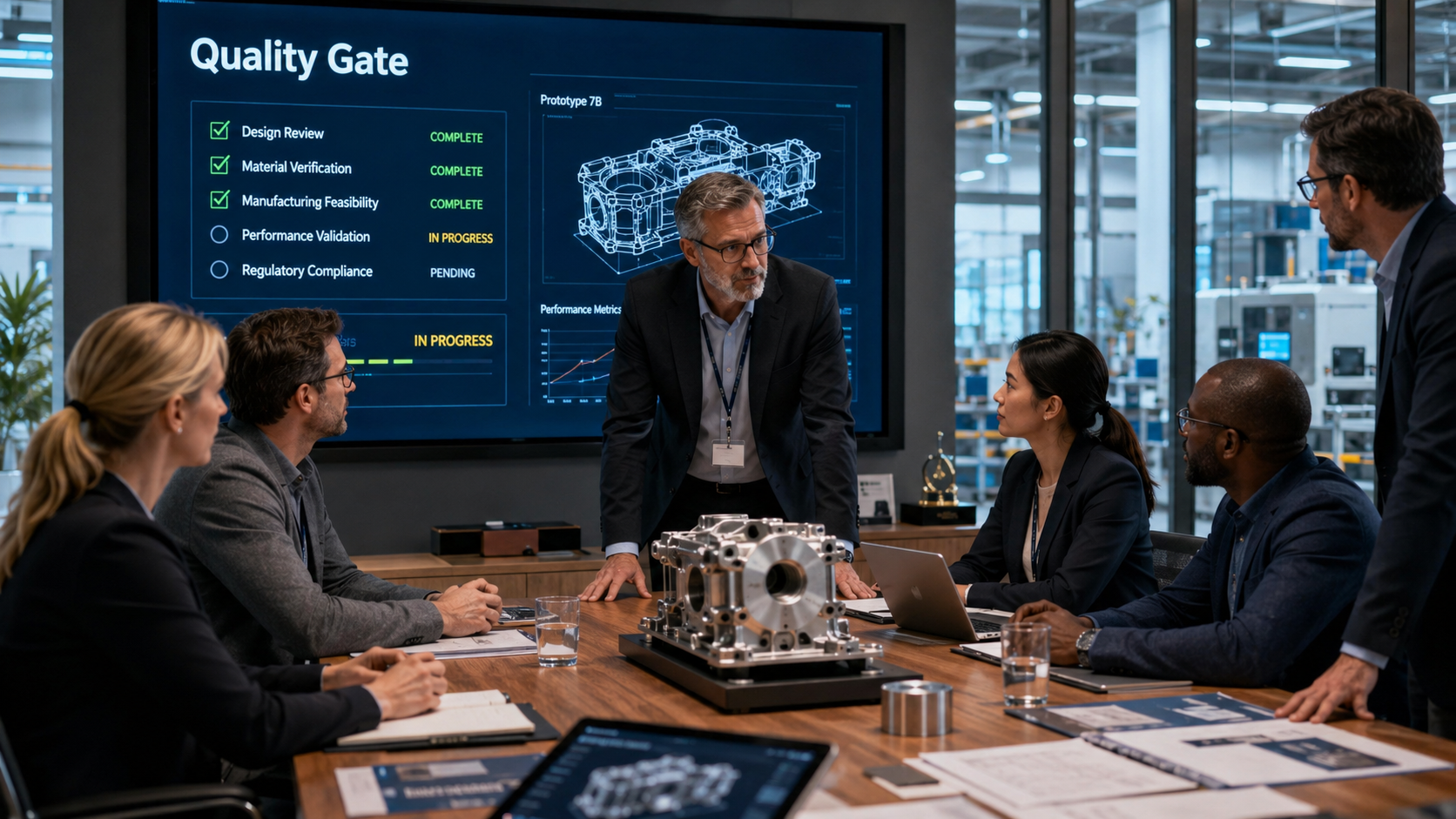 Engineers and managers reviewing a product prototype during an NPI quality gates meeting.